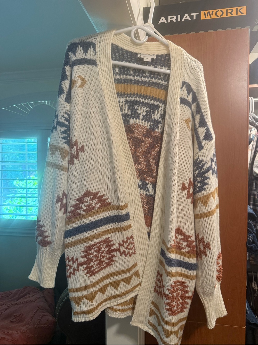 Love Riche Cream Aztec Open Front Cardigan with Rust, Mustard & Navy Accents
